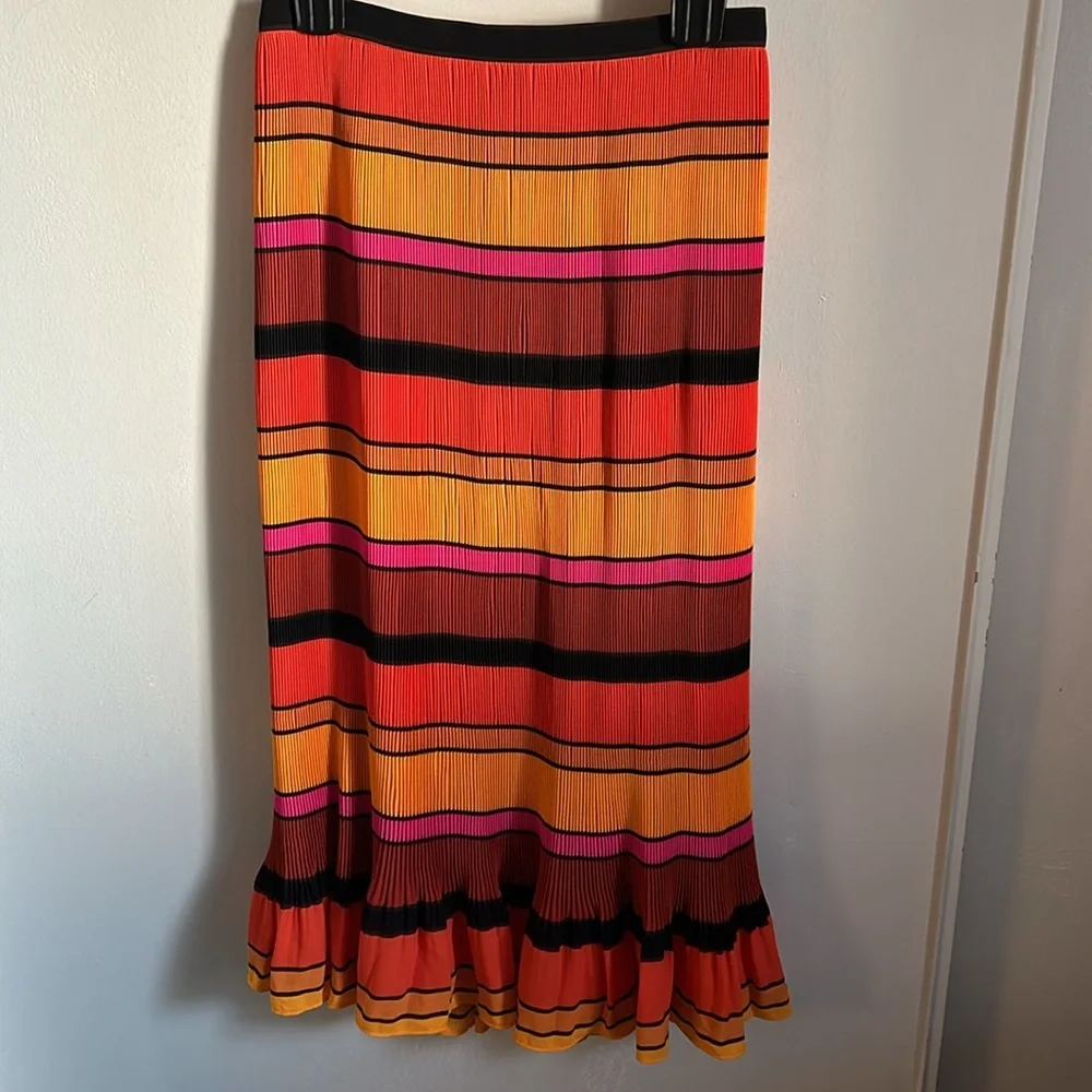 NWT J. Crew Pleated Tea Length Ruffle Bright Preppy Striped Skirt - Picture 2 of 13